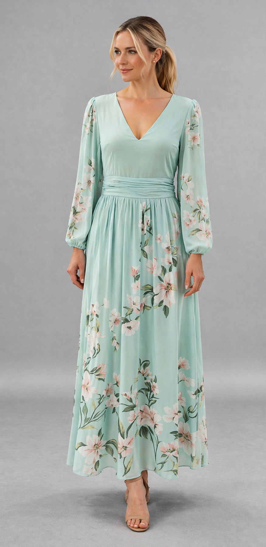 Vestido Largo Floral Mint Elegante