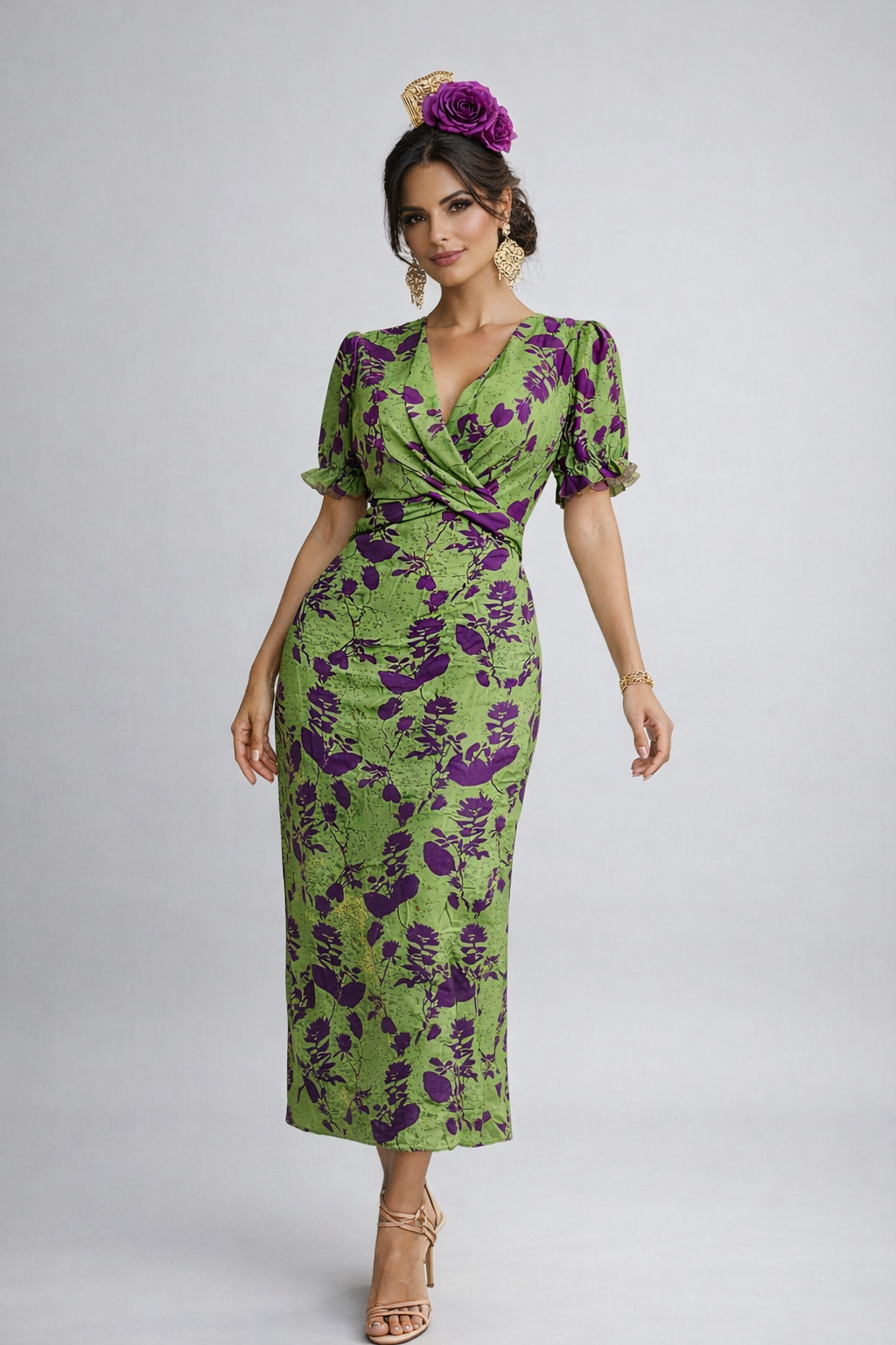 Vestido Midi Envolvente Flora Verde & Violeta
