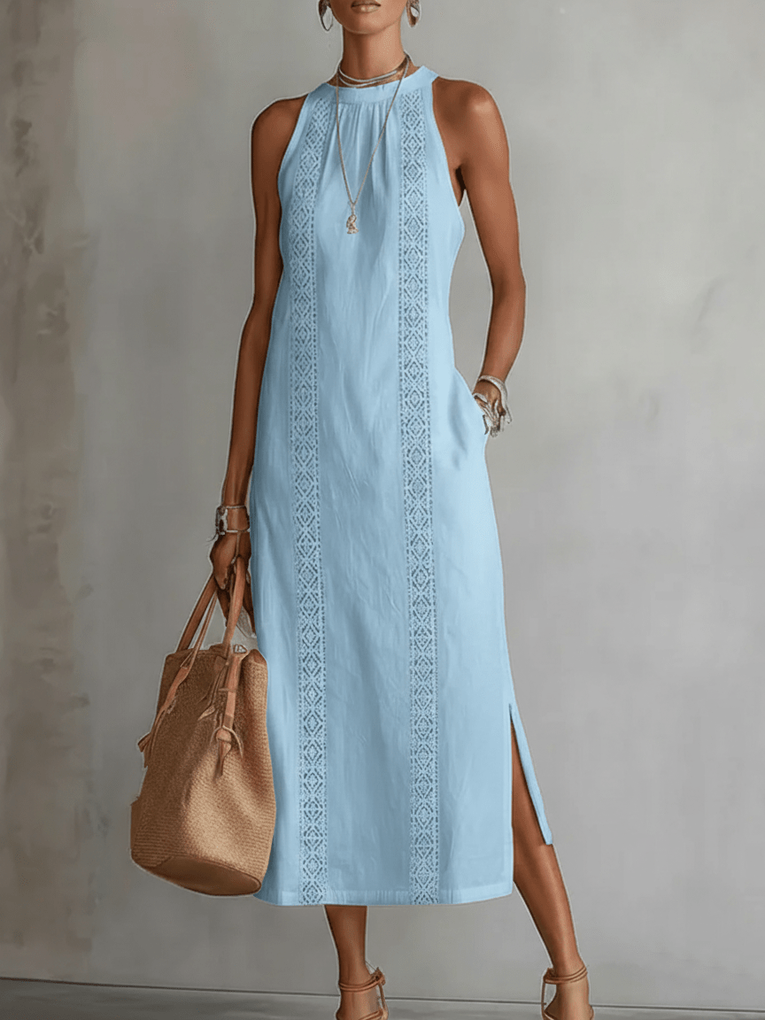 Vestido Largo Blanco con Encaje Vertical y Estilo Natural