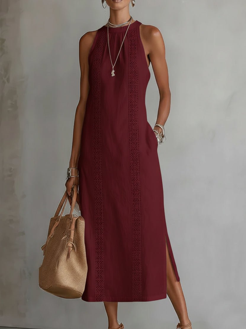 Vestido Largo Blanco con Encaje Vertical y Estilo Natural