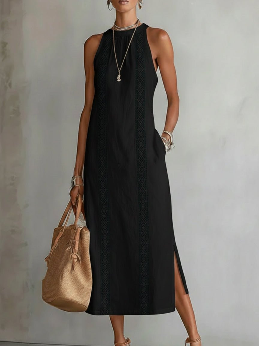 Vestido Largo Blanco con Encaje Vertical y Estilo Natural
